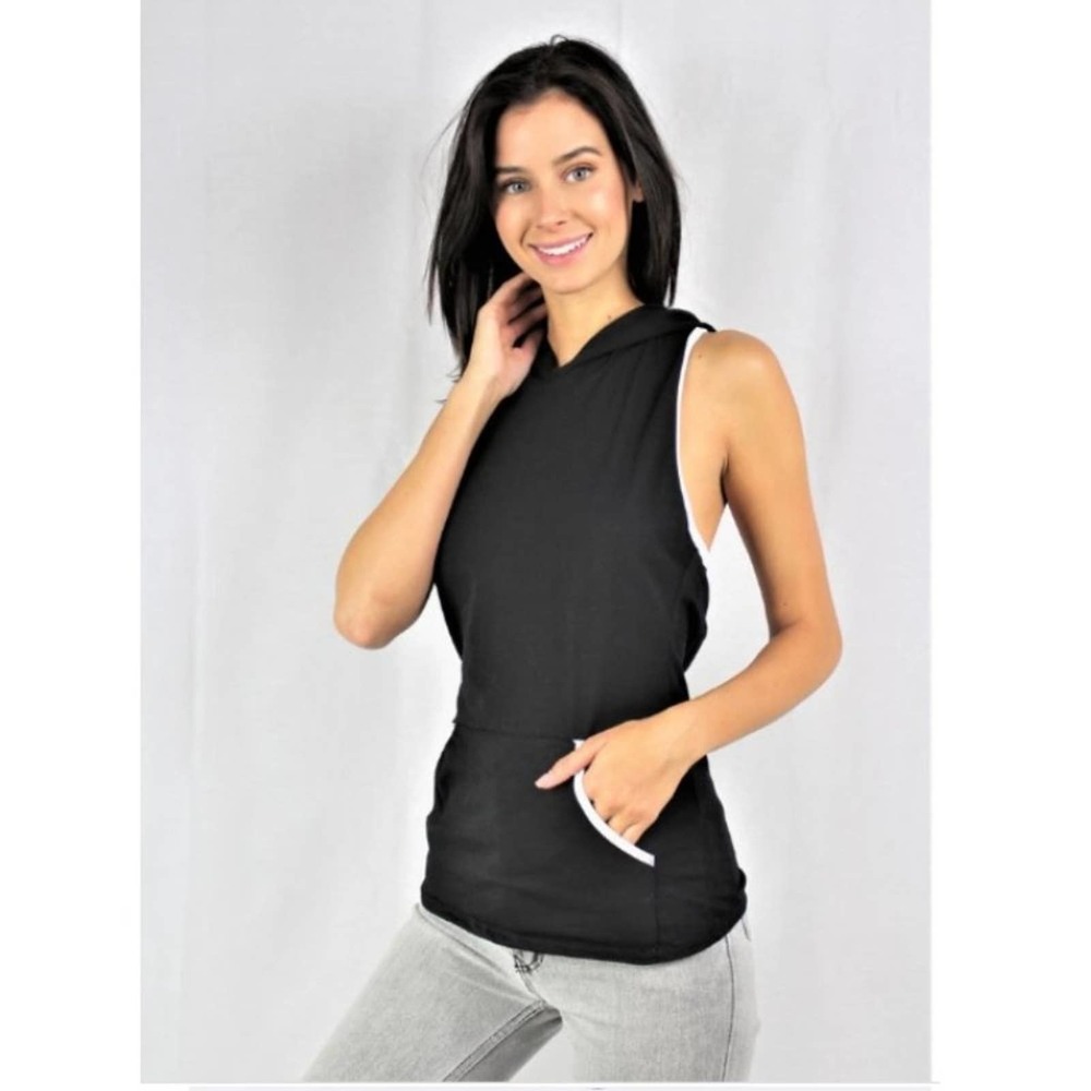 Crisscross-Back Sleeveless Hoodie- Black